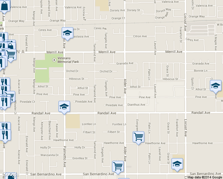 map of restaurants, bars, coffee shops, grocery stores, and more near 9150 Boxwood Avenue in Fontana