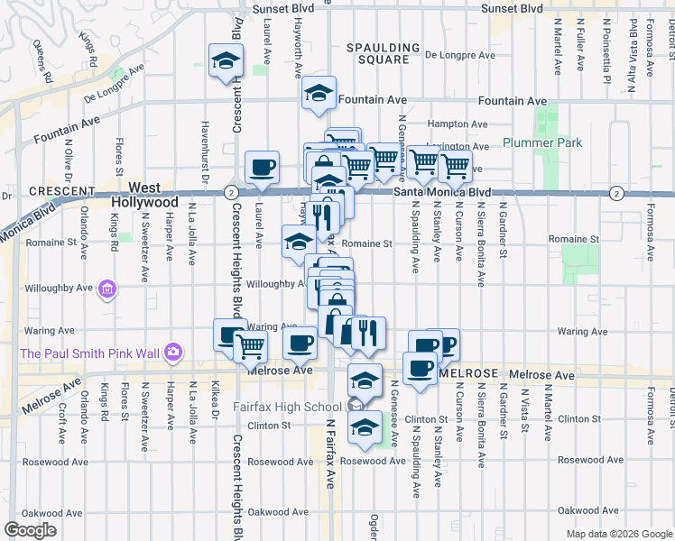 map of restaurants, bars, coffee shops, grocery stores, and more near 914 North Fairfax Avenue in West Hollywood