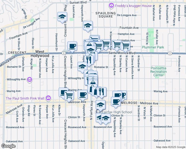 map of restaurants, bars, coffee shops, grocery stores, and more near 914 North Fairfax Avenue in West Hollywood