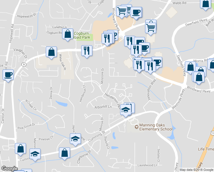 map of restaurants, bars, coffee shops, grocery stores, and more near 1840 Millstone Court in Alpharetta