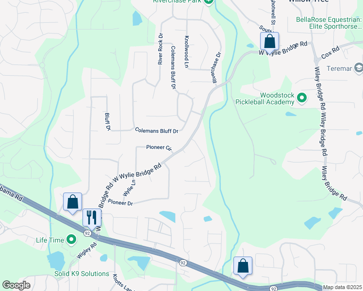 map of restaurants, bars, coffee shops, grocery stores, and more near 1234 West Wylie Bridge Road in Woodstock