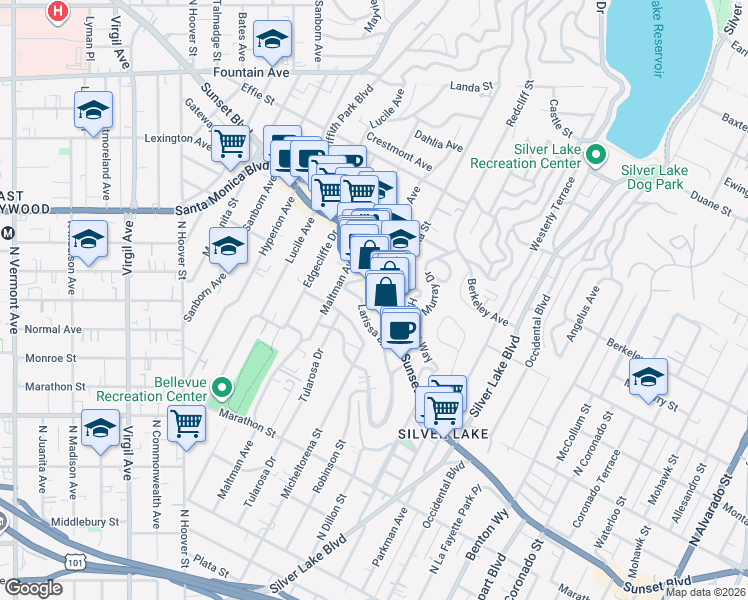 map of restaurants, bars, coffee shops, grocery stores, and more near in Los Angeles