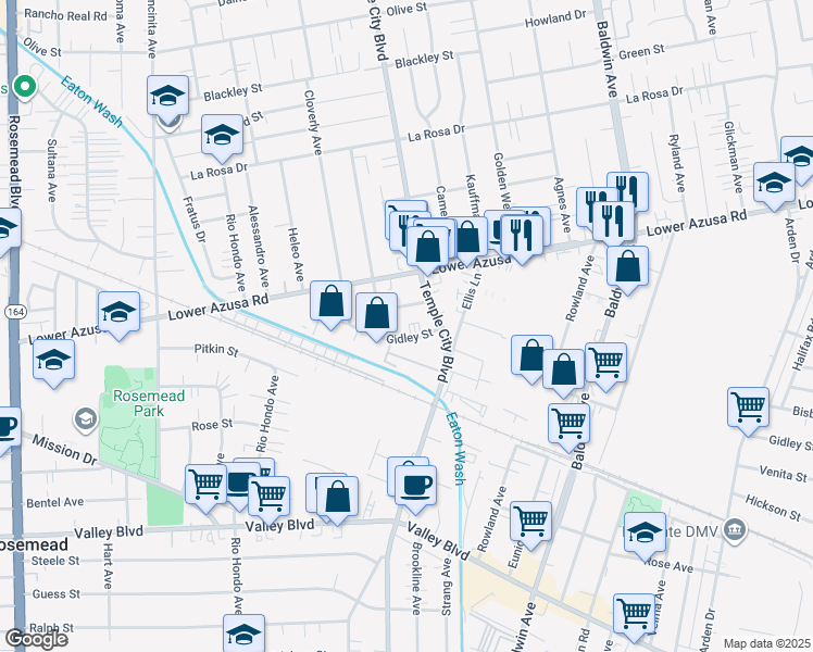 map of restaurants, bars, coffee shops, grocery stores, and more near 9613 Gidley Street in Temple City