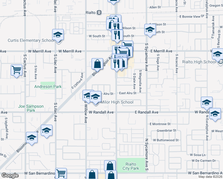 map of restaurants, bars, coffee shops, grocery stores, and more near 748 South Riverside Avenue in Rialto