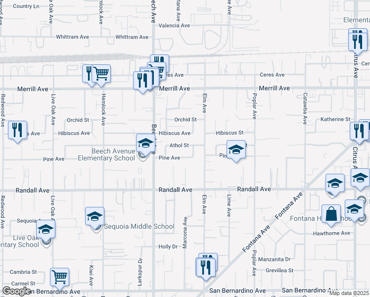 map of restaurants, bars, coffee shops, grocery stores, and more near 15482 Pine Avenue in Fontana