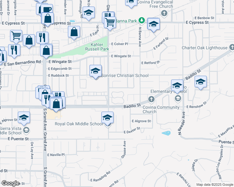 map of restaurants, bars, coffee shops, grocery stores, and more near 226 North Glendora Avenue in Covina