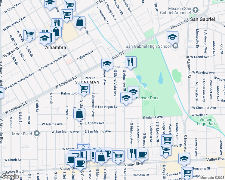 map of restaurants, bars, coffee shops, grocery stores, and more near 743 South Sierra Vista Avenue in Alhambra