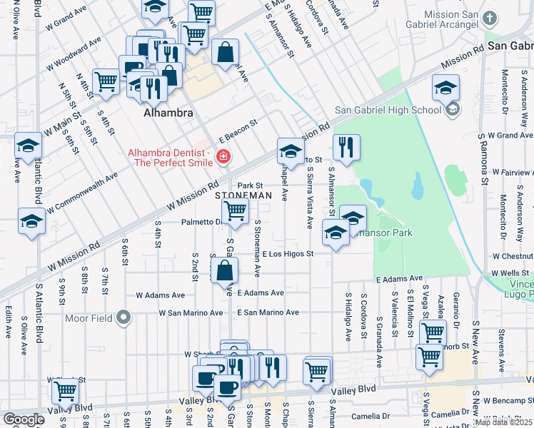 map of restaurants, bars, coffee shops, grocery stores, and more near 749 South Chapel Avenue in Alhambra