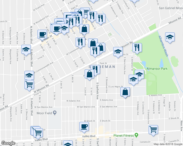 map of restaurants, bars, coffee shops, grocery stores, and more near 11 Palmetto Drive in Alhambra
