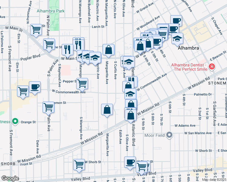map of restaurants, bars, coffee shops, grocery stores, and more near 244 South Curtis Avenue in Alhambra