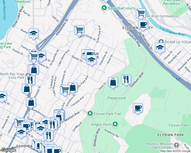 map of restaurants, bars, coffee shops, grocery stores, and more near 1537 Ewing Street in Los Angeles