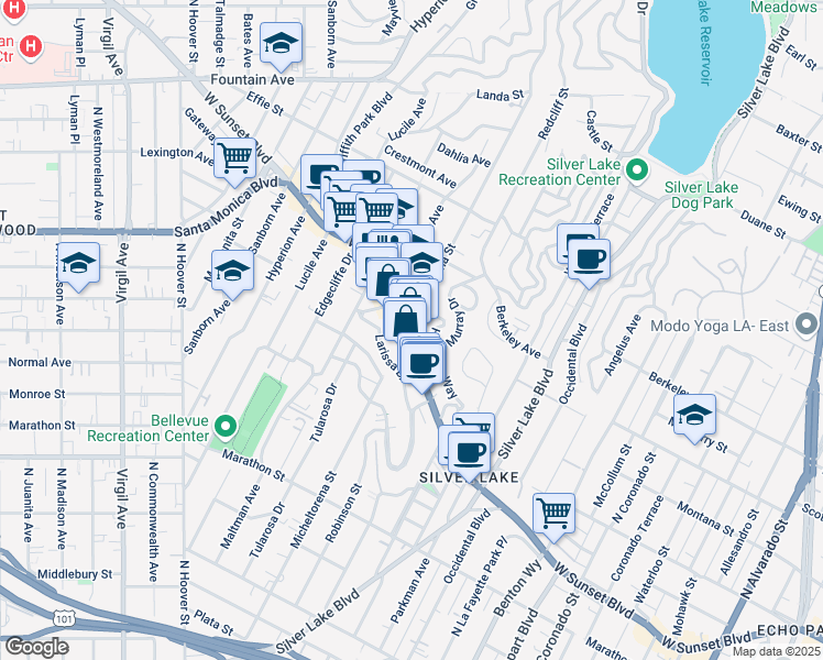 map of restaurants, bars, coffee shops, grocery stores, and more near 3330 Hamilton Way in Los Angeles