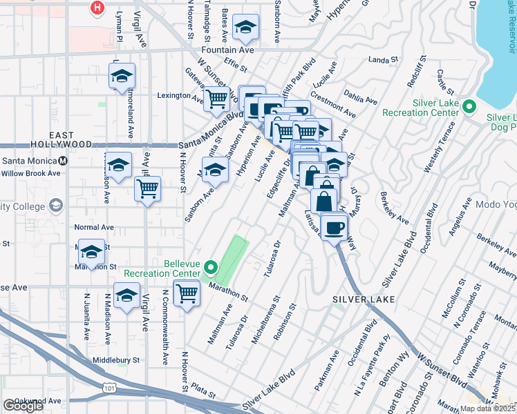 map of restaurants, bars, coffee shops, grocery stores, and more near 1332 Edgecliffe Drive in Los Angeles