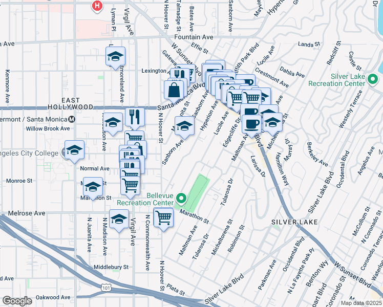 map of restaurants, bars, coffee shops, grocery stores, and more near 866 Hyperion Avenue in Los Angeles