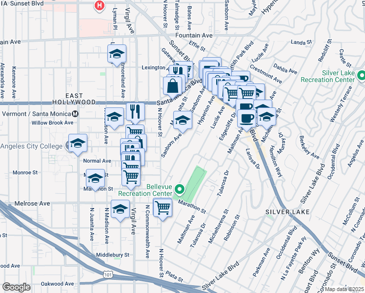 map of restaurants, bars, coffee shops, grocery stores, and more near 866 Hyperion Avenue in Los Angeles