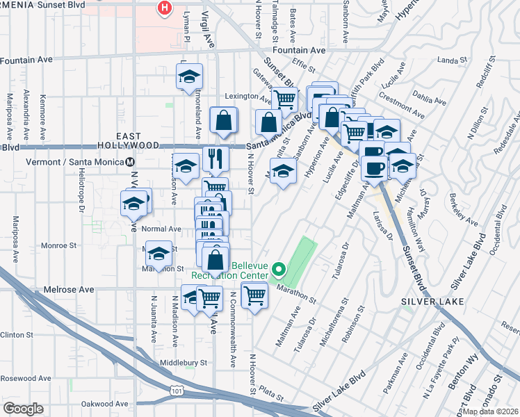 map of restaurants, bars, coffee shops, grocery stores, and more near 853 Sanborn Avenue in Los Angeles