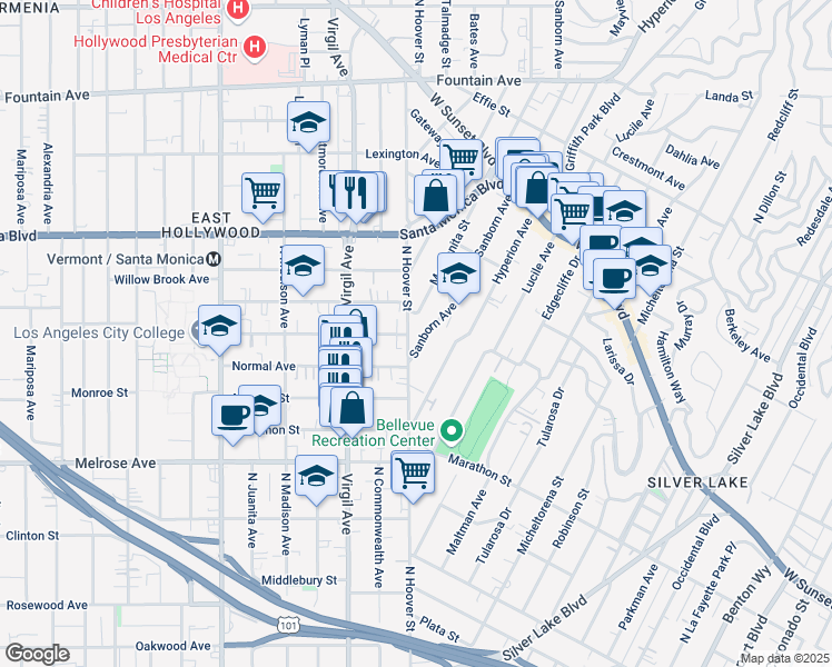 map of restaurants, bars, coffee shops, grocery stores, and more near 853 Sanborn Avenue in Los Angeles