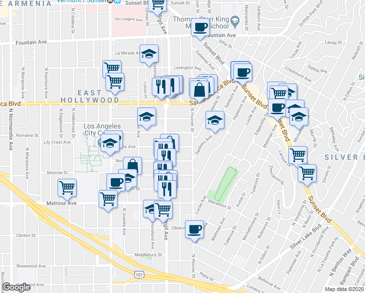 map of restaurants, bars, coffee shops, grocery stores, and more near 4226 Burns Avenue in Los Angeles