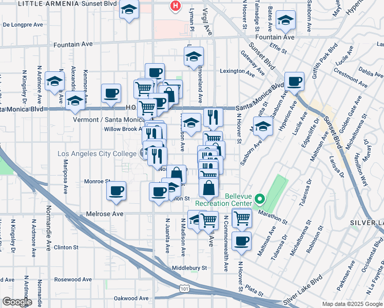 map of restaurants, bars, coffee shops, grocery stores, and more near 4346 Burns Avenue in Los Angeles