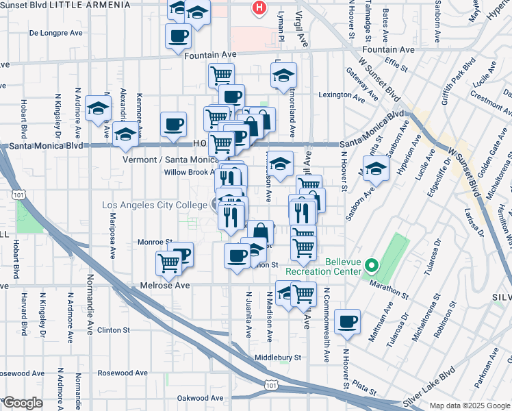 map of restaurants, bars, coffee shops, grocery stores, and more near 4420 Burns Avenue in Los Angeles