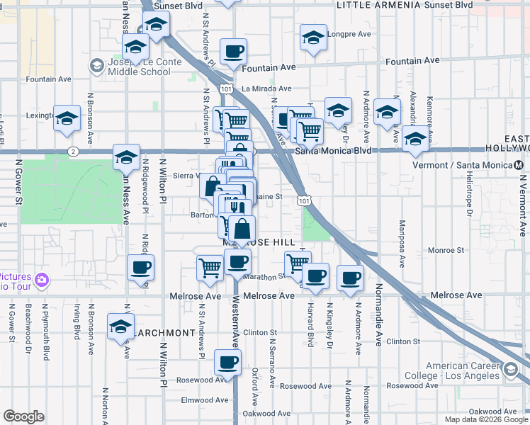 map of restaurants, bars, coffee shops, grocery stores, and more near 943 North Oxford Avenue in Los Angeles