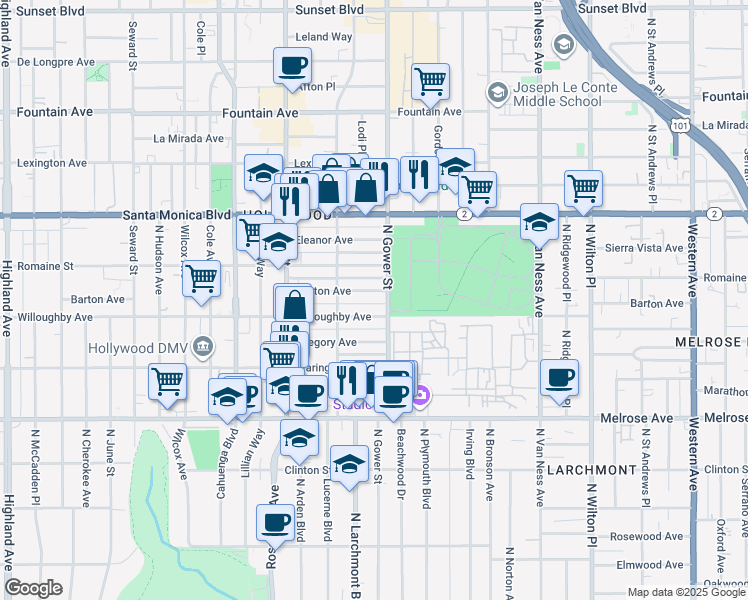 map of restaurants, bars, coffee shops, grocery stores, and more near 5819 Willoughby Avenue in Los Angeles