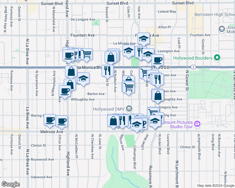 map of restaurants, bars, coffee shops, grocery stores, and more near 912 North Hudson Avenue in Los Angeles