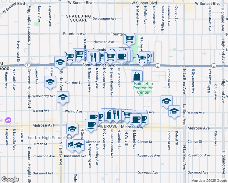 map of restaurants, bars, coffee shops, grocery stores, and more near 909 North Sierra Bonita Avenue in West Hollywood