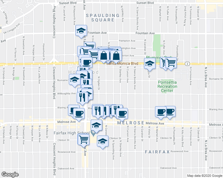 map of restaurants, bars, coffee shops, grocery stores, and more near 907 North Spaulding Avenue in West Hollywood