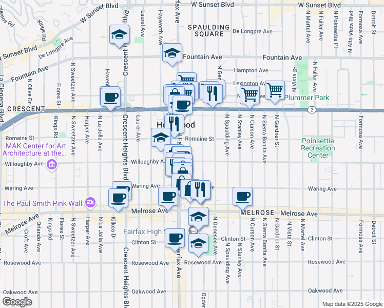 map of restaurants, bars, coffee shops, grocery stores, and more near in West Hollywood