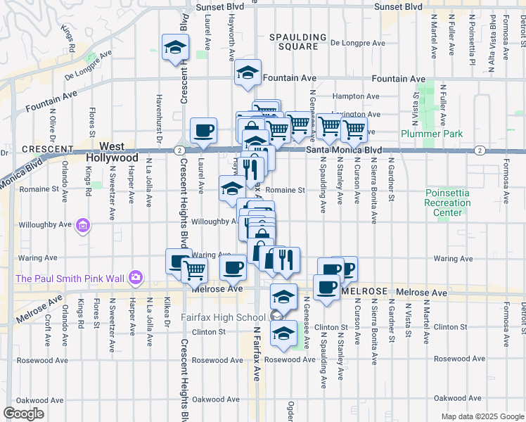 map of restaurants, bars, coffee shops, grocery stores, and more near in West Hollywood