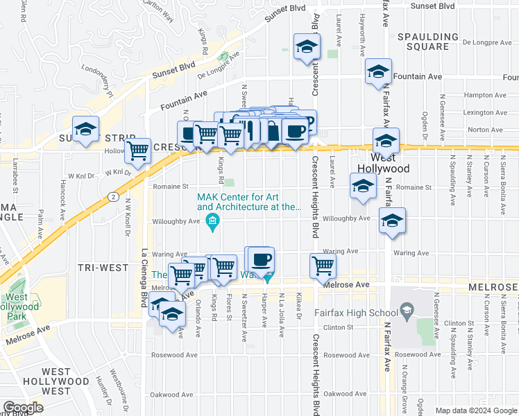 map of restaurants, bars, coffee shops, grocery stores, and more near 911 North Harper Avenue in West Hollywood
