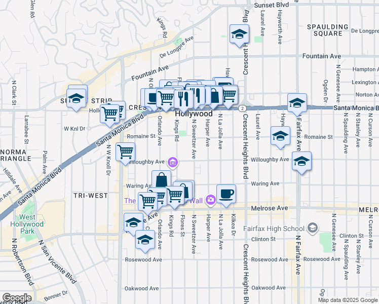map of restaurants, bars, coffee shops, grocery stores, and more near 912 North Kings Road in West Hollywood