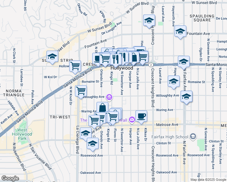 map of restaurants, bars, coffee shops, grocery stores, and more near 912 North Kings Road in West Hollywood