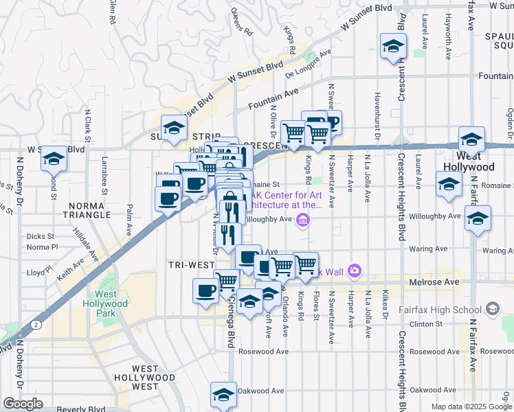 map of restaurants, bars, coffee shops, grocery stores, and more near 911 North Alfred Street in Los Angeles