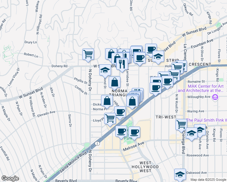 map of restaurants, bars, coffee shops, grocery stores, and more near in West Hollywood