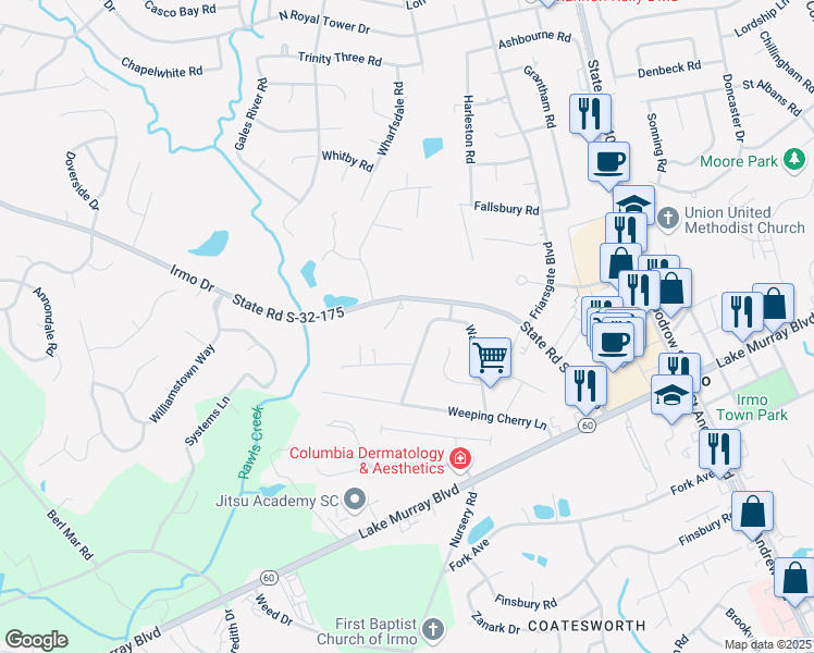 map of restaurants, bars, coffee shops, grocery stores, and more near 110 Leslie Loch Lane in Columbia