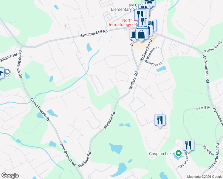 map of restaurants, bars, coffee shops, grocery stores, and more near 3070 Wallace Road in Buford