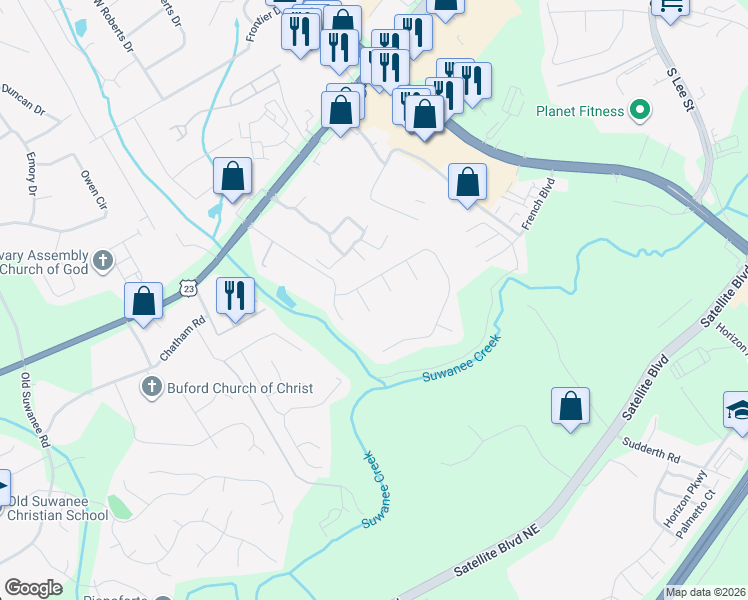 map of restaurants, bars, coffee shops, grocery stores, and more near 4187 Reynolds Place in Buford