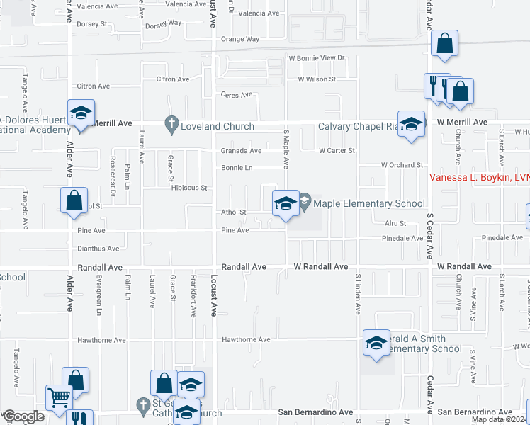 map of restaurants, bars, coffee shops, grocery stores, and more near 18240 Athol Street in Fontana