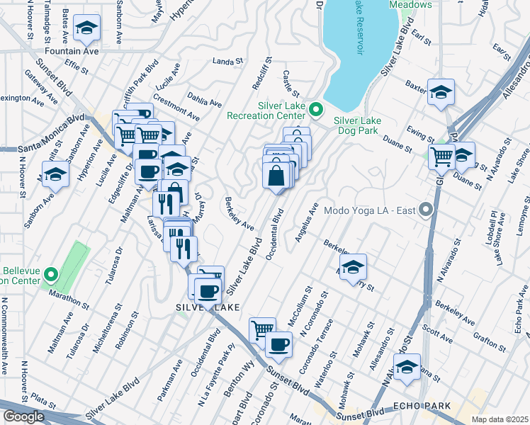 map of restaurants, bars, coffee shops, grocery stores, and more near 1531 Silver Lake Boulevard in Los Angeles
