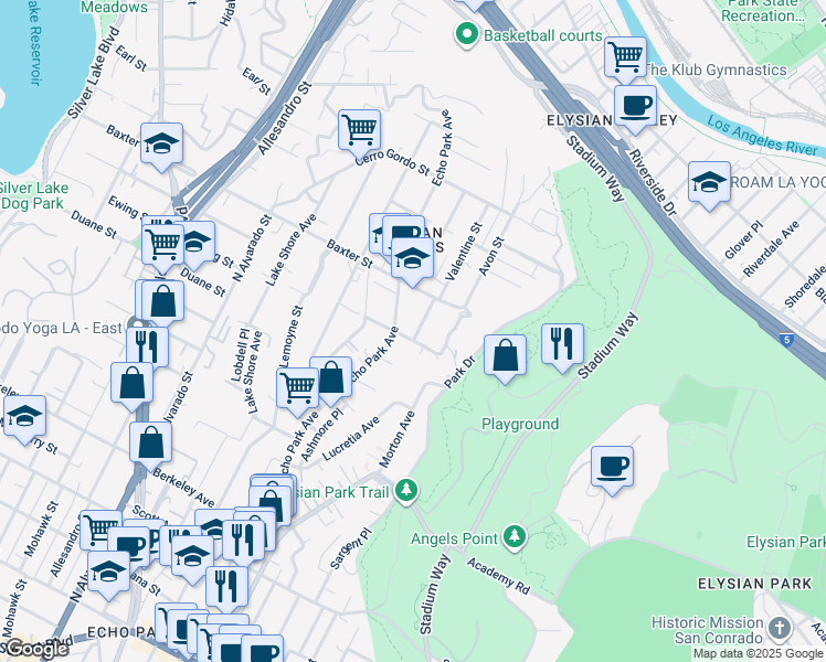 map of restaurants, bars, coffee shops, grocery stores, and more near 1537 Ewing Street in Los Angeles