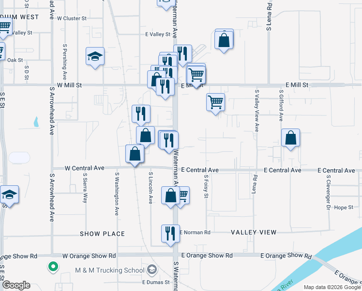 map of restaurants, bars, coffee shops, grocery stores, and more near 737 South Waterman Avenue in San Bernardino