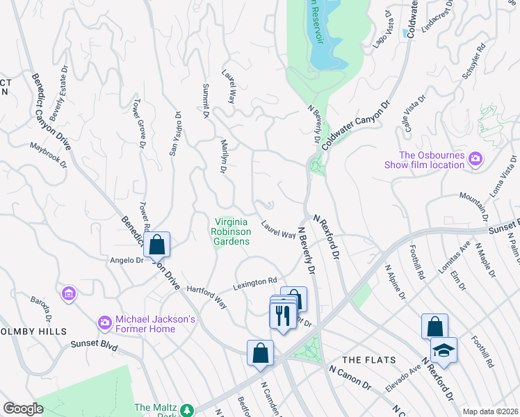 map of restaurants, bars, coffee shops, grocery stores, and more near 1020 Carolyn Way in Beverly Hills