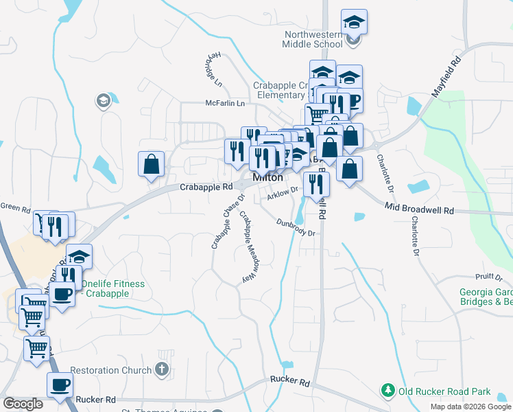 map of restaurants, bars, coffee shops, grocery stores, and more near 653 Dunbrody Drive in Milton