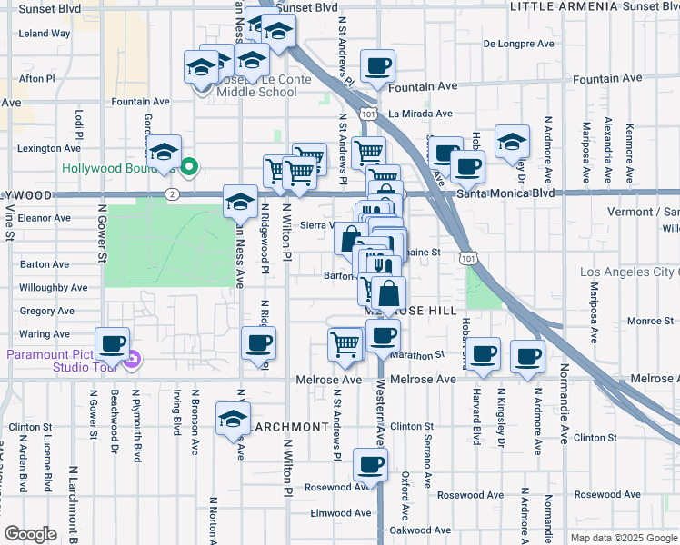 map of restaurants, bars, coffee shops, grocery stores, and more near 5457 Barton Avenue in Los Angeles
