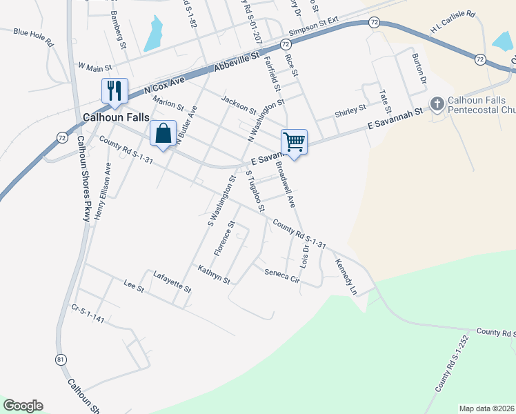 map of restaurants, bars, coffee shops, grocery stores, and more near 525 County Road S-1-31 in Calhoun Falls
