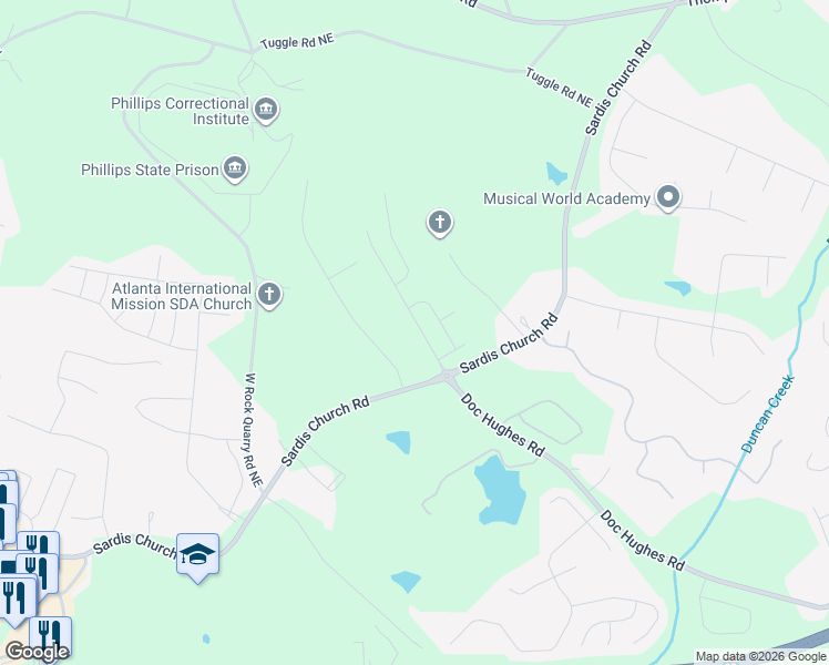 map of restaurants, bars, coffee shops, grocery stores, and more near 2692 Sedgeview Lane Northeast in Buford