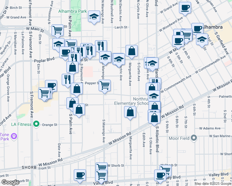 map of restaurants, bars, coffee shops, grocery stores, and more near 1515 West Commonwealth Avenue in Alhambra