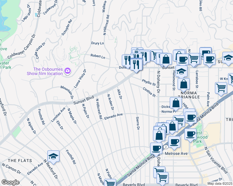 map of restaurants, bars, coffee shops, grocery stores, and more near 717 Alta Drive in Beverly Hills